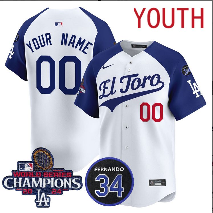 Youth MLB Los Angeles Dodgers Custom white 2024 World Series Champions Patch Cooperstown Jersey style 2